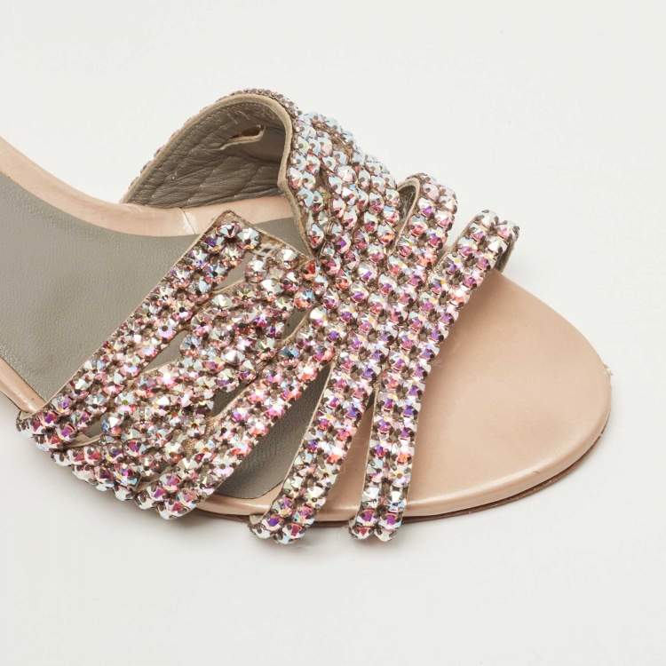 Pre Owned Gina Beige Crystals Embellished Leather Loren Slides Size 40.5
