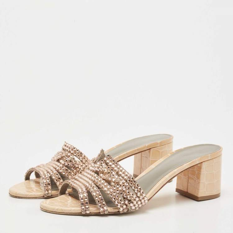 Pre Owned Gina Beige Croc Embossed Crystals Embellished Loren Slides Size 40