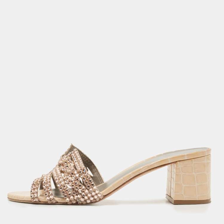 Pre Owned Gina Beige Croc Embossed Crystals Embellished Loren Slides Size 40