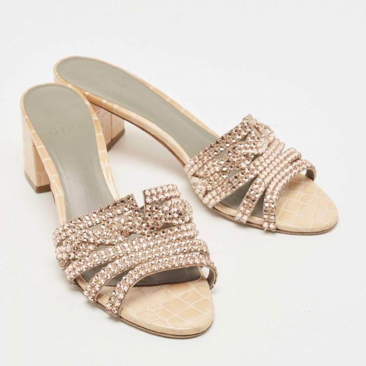 Pre Owned Gina Beige Croc Embossed Crystals Embellished Loren Slides Size 40