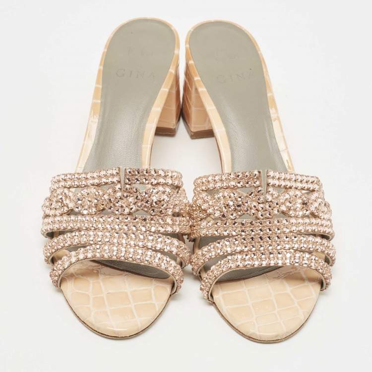 Pre Owned Gina Beige Croc Embossed Crystals Embellished Loren Slides Size 40