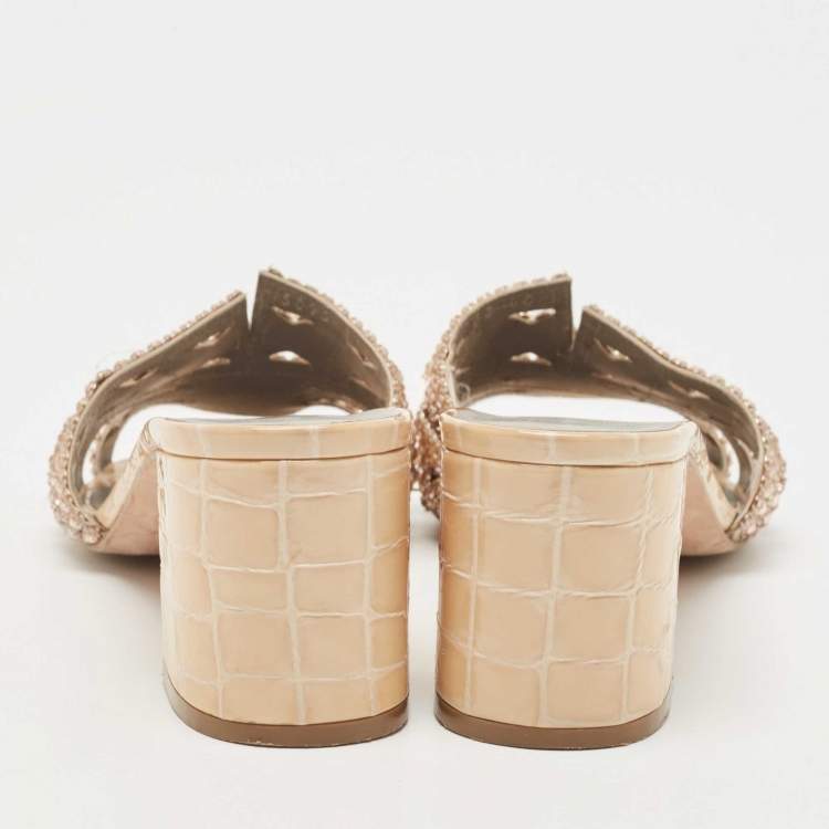Pre Owned Gina Beige Croc Embossed Crystals Embellished Loren Slides Size 40