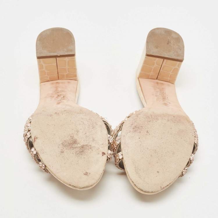 Pre Owned Gina Beige Croc Embossed Crystals Embellished Loren Slides Size 40