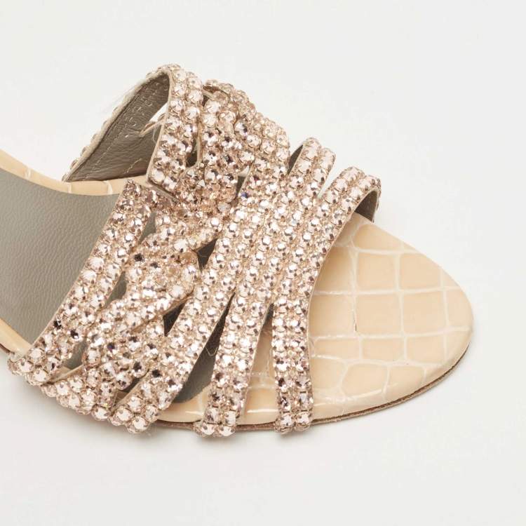 Pre Owned Gina Beige Croc Embossed Crystals Embellished Loren Slides Size 40
