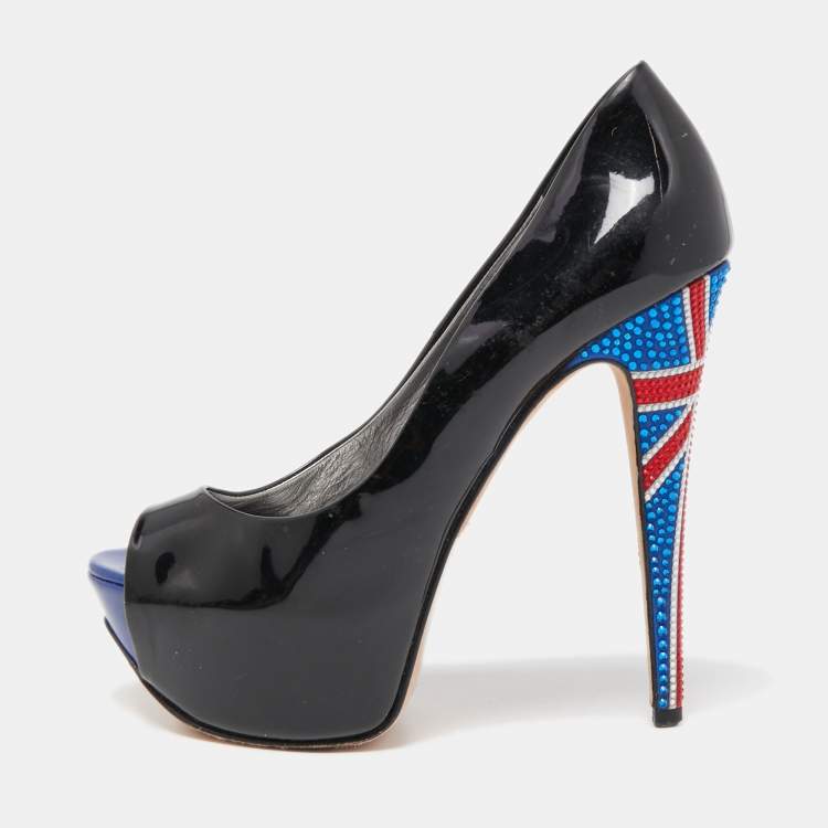 Pre Owned Gina Black Patent Leather Crystal Embellished Heel Peep Toe Platform Pumps Size 39.5