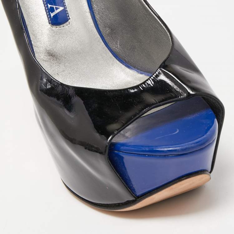 Pre Owned Gina Black Patent Leather Crystal Embellished Heel Peep Toe Platform Pumps Size 39.5
