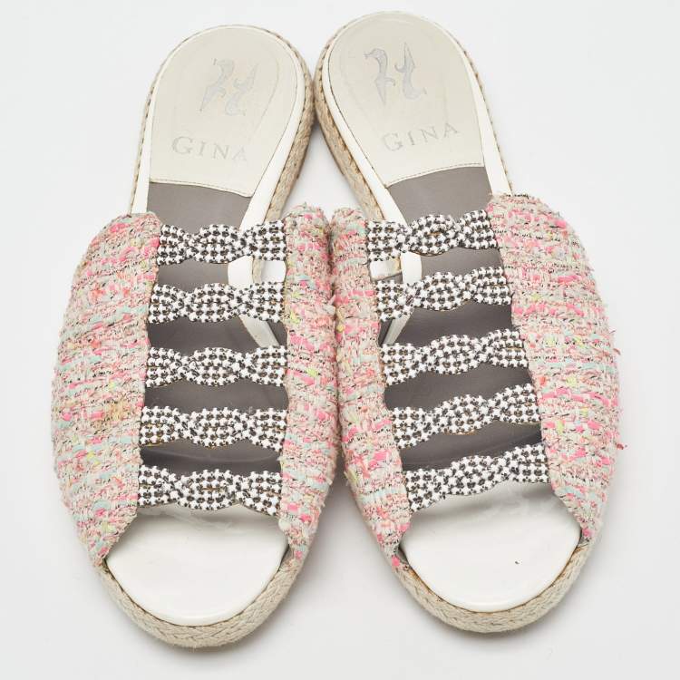 مملوكة مسبقًا Gina Pink Tweed Crystal Embellished Espadrille Flat Slides Size 39