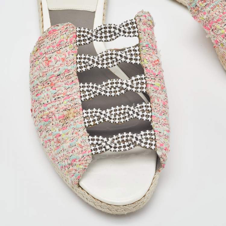 مملوكة مسبقًا Gina Pink Tweed Crystal Embellished Espadrille Flat Slides Size 39
