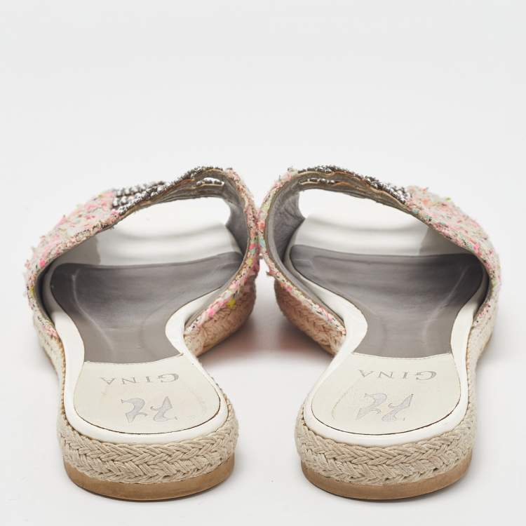 مملوكة مسبقًا Gina Pink Tweed Crystal Embellished Espadrille Flat Slides Size 39