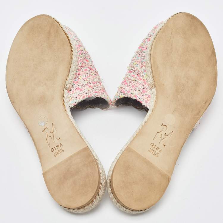 مملوكة مسبقًا Gina Pink Tweed Crystal Embellished Espadrille Flat Slides Size 39