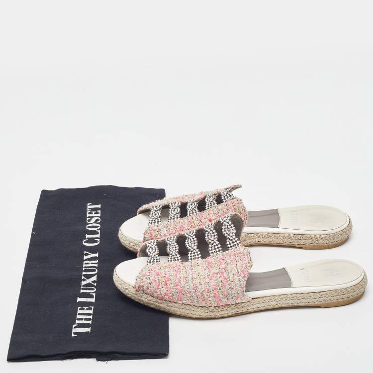 مملوكة مسبقًا Gina Pink Tweed Crystal Embellished Espadrille Flat Slides Size 39