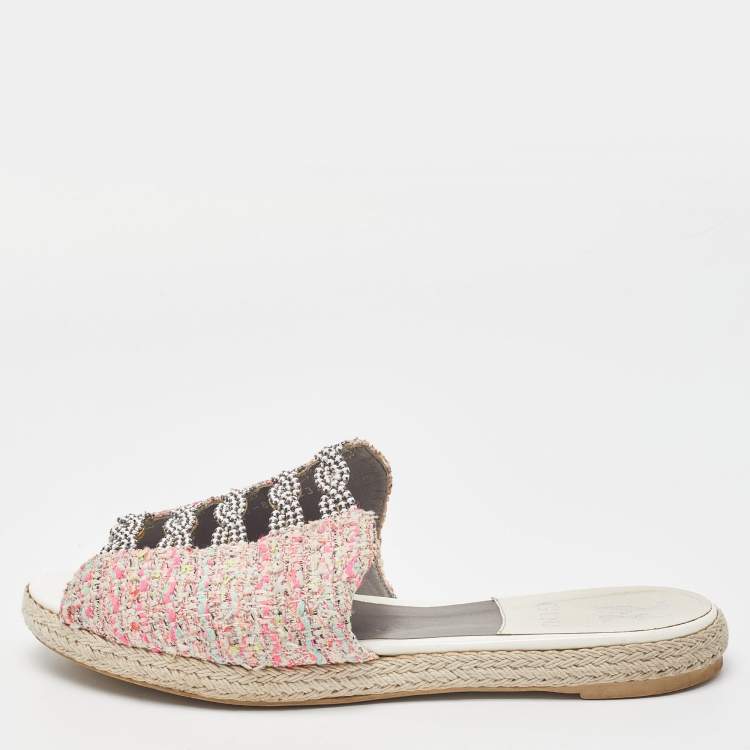 مملوكة مسبقًا Gina Pink Tweed Crystal Embellished Espadrille Flat Slides Size 39