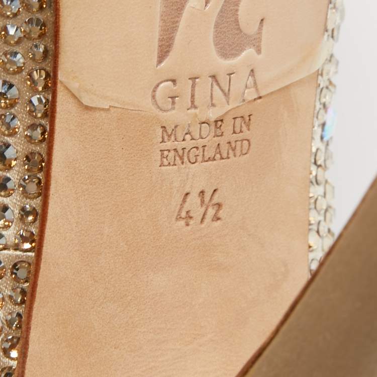 Pre Owned Gina Gold Crystal Embellished Satin Peep Toe Platform Pumps Size 37.5