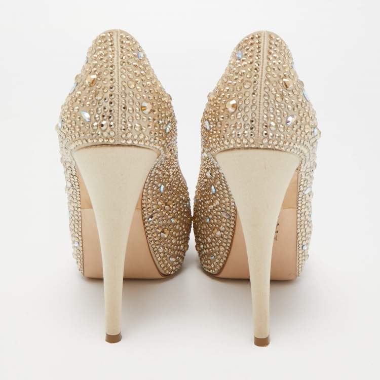 Pre Owned Gina Gold Crystal Embellished Satin Peep Toe Platform Pumps Size 37.5