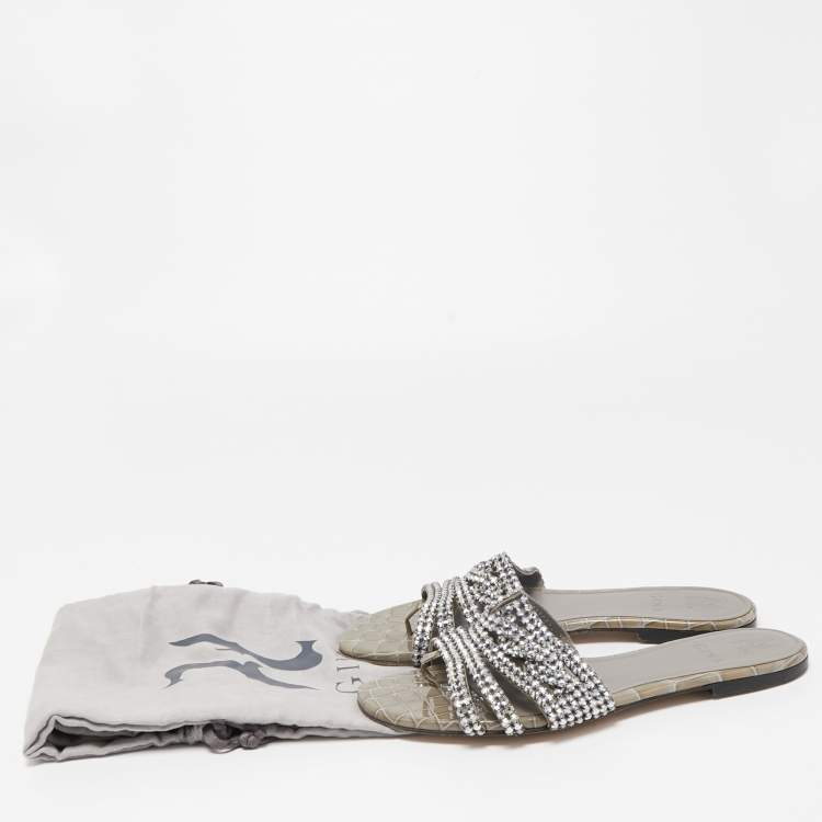 مملوكة مسبقًا Gina Silver/Grey Crystal Embellished Leather Loren Flat Slides Size 39.5