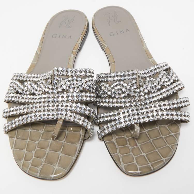 مملوكة مسبقًا Gina Silver/Grey Crystal Embellished Leather Loren Flat Slides Size 39.5
