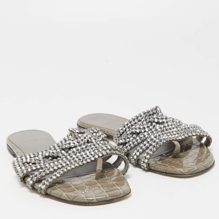 مملوكة مسبقًا Gina Silver/Grey Crystal Embellished Leather Loren Flat Slides Size 39.5