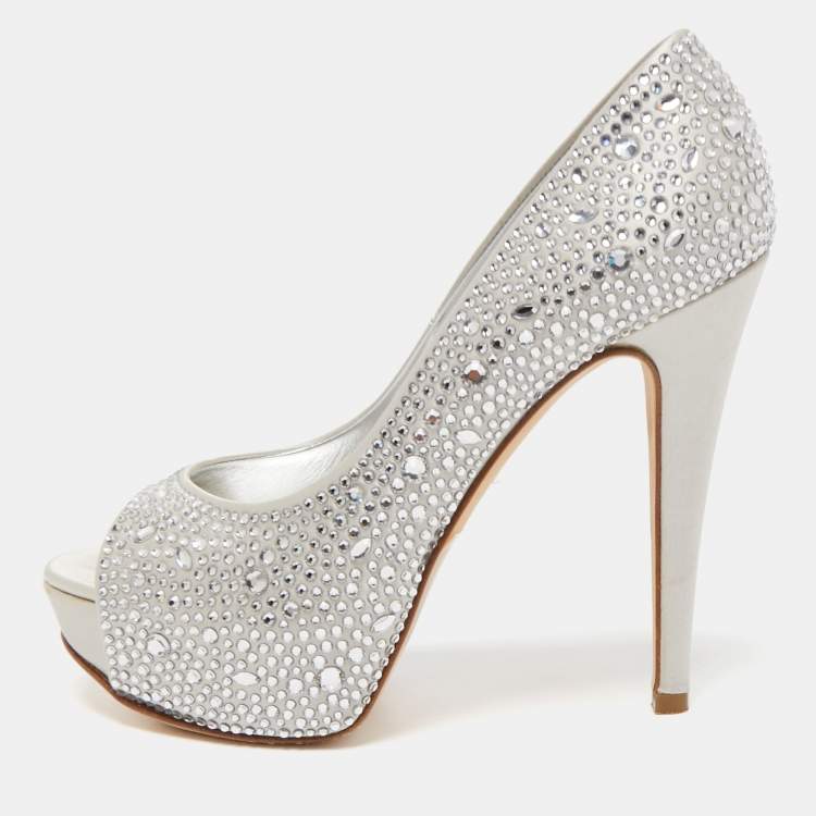 Pre Owned Gina Silver Satin Crystal Embellished Peep Toe Platform  Pumps Size 37.5