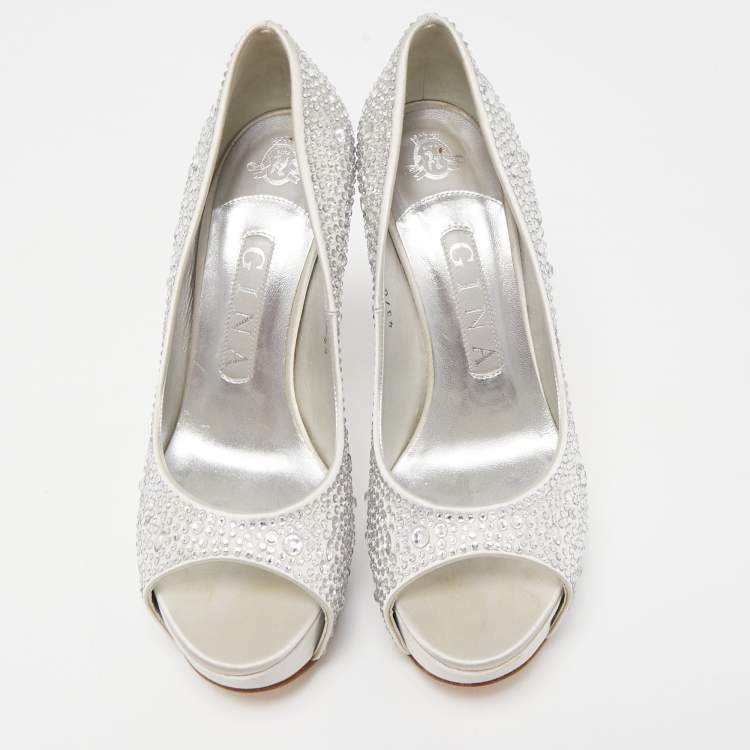 Pre Owned Gina Silver Satin Crystal Embellished Peep Toe Platform  Pumps Size 37.5