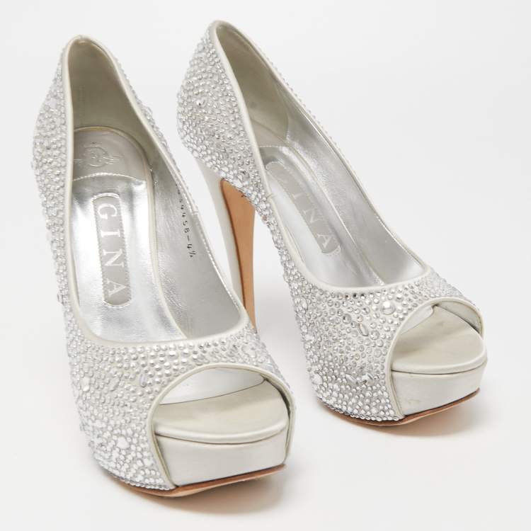Pre Owned Gina Silver Satin Crystal Embellished Peep Toe Platform  Pumps Size 37.5
