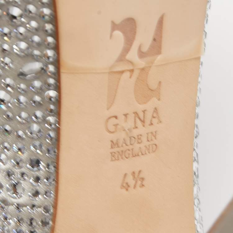 Pre Owned Gina Silver Satin Crystal Embellished Peep Toe Platform  Pumps Size 37.5