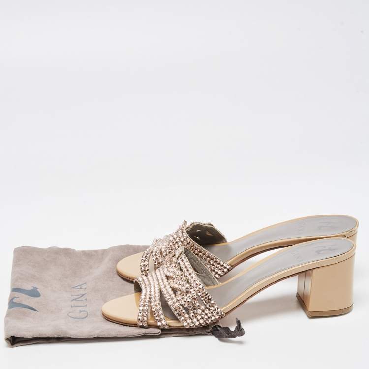 Pre Owned Gina Pink/Beige Crystal Embellished Leather Slide Sandals Size 40