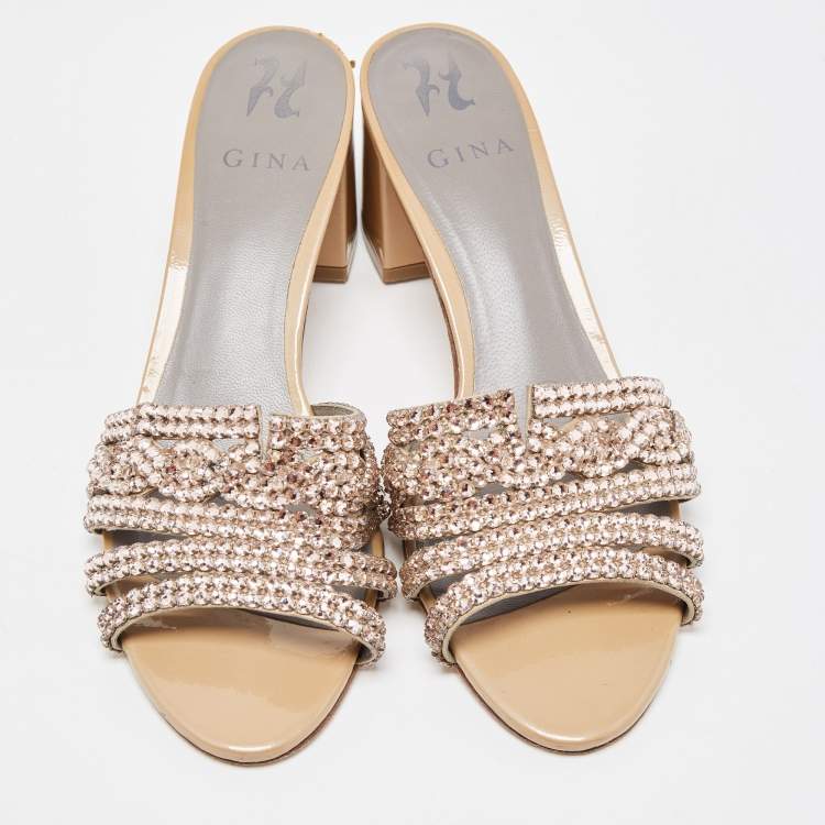 Pre Owned Gina Pink/Beige Crystal Embellished Leather Slide Sandals Size 40