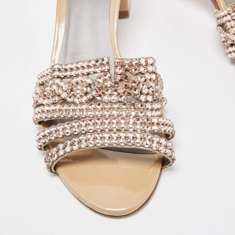 Pre Owned Gina Pink/Beige Crystal Embellished Leather Slide Sandals Size 40