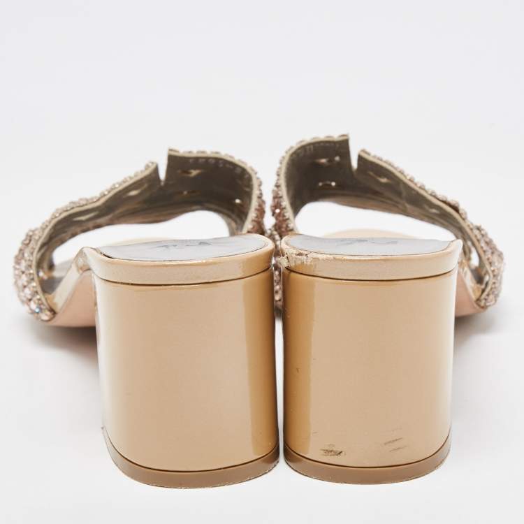 Pre Owned Gina Pink/Beige Crystal Embellished Leather Slide Sandals Size 40