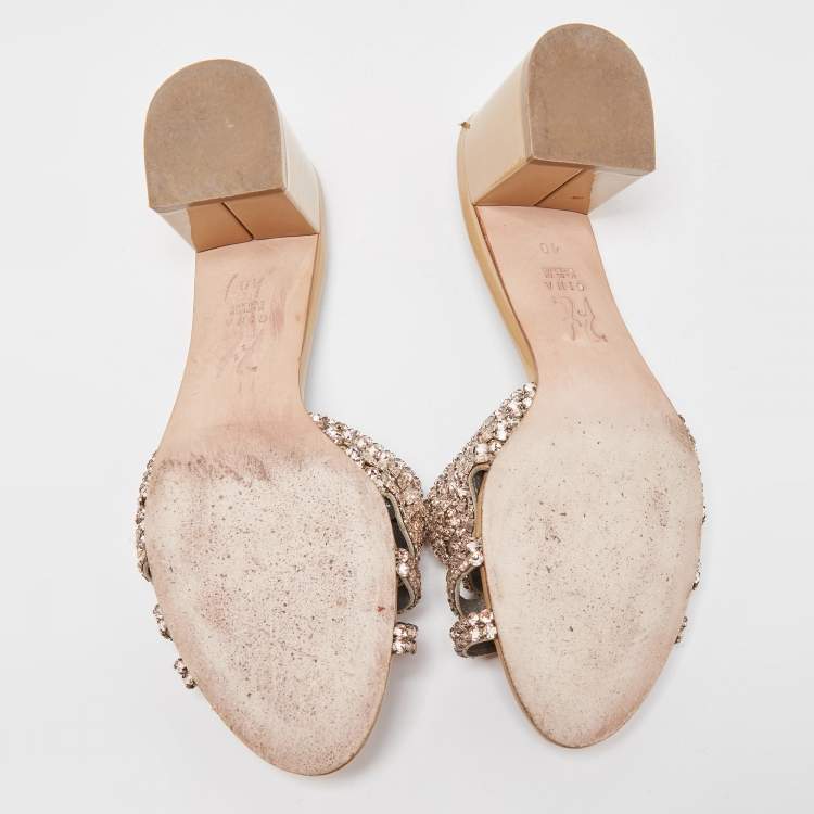 Pre Owned Gina Pink/Beige Crystal Embellished Leather Slide Sandals Size 40