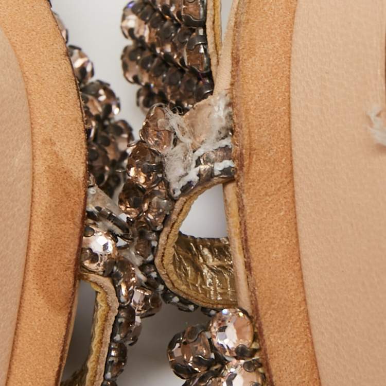 Pre Owned Gina Beige Leather and Crystal Embellished Slides Size 38