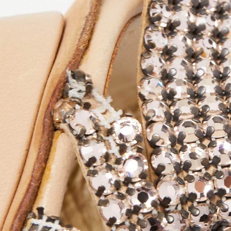 Pre Owned Gina Beige Leather and Crystal Embellished Slides Size 38