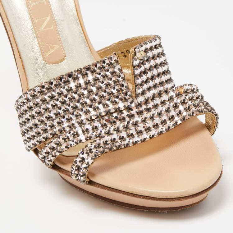 Pre Owned Gina Beige Leather and Crystal Embellished Slides Size 38