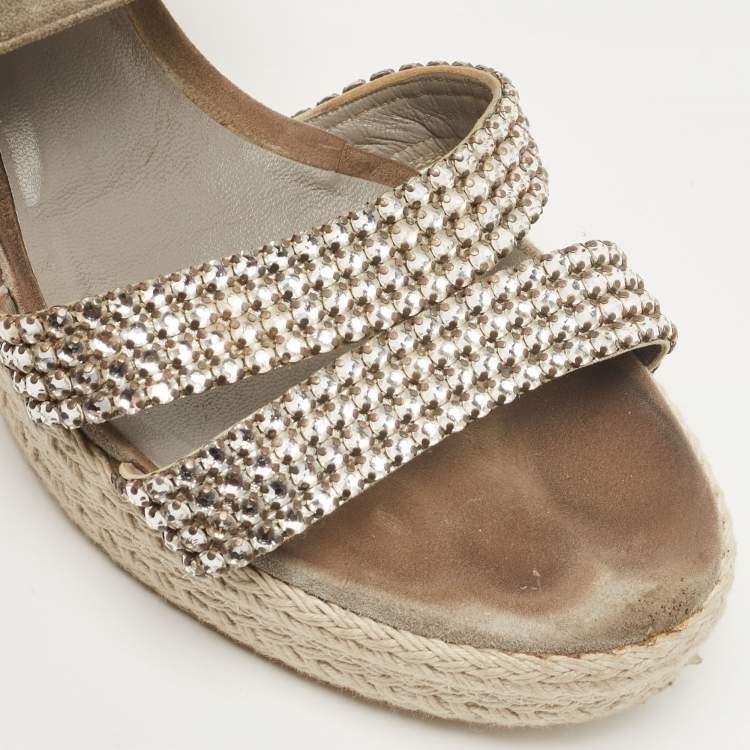 مملوكة مسبقًا Gina Grey Suede Crystal Embellished Open Toe Espadrille Sandals Size 38