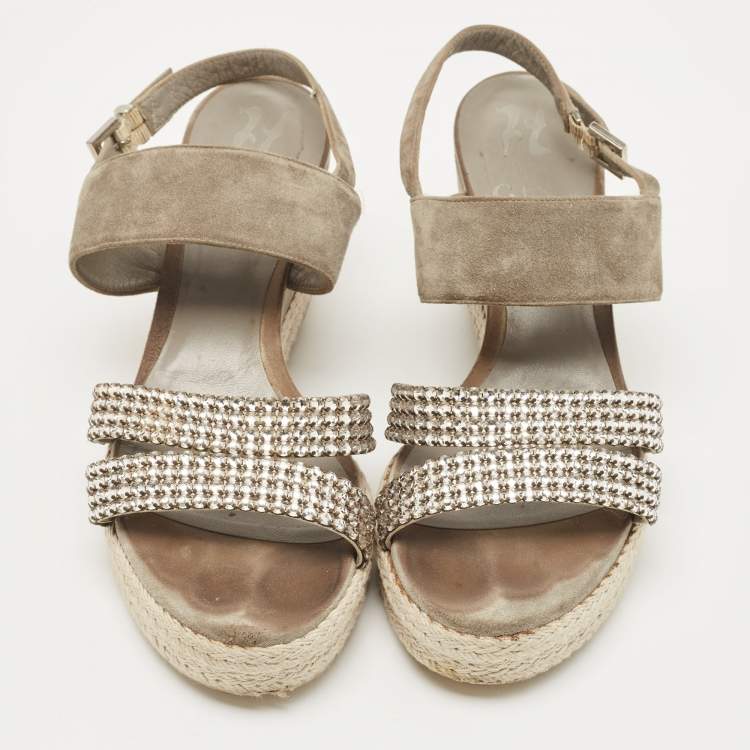 مملوكة مسبقًا Gina Grey Suede Crystal Embellished Open Toe Espadrille Sandals Size 38