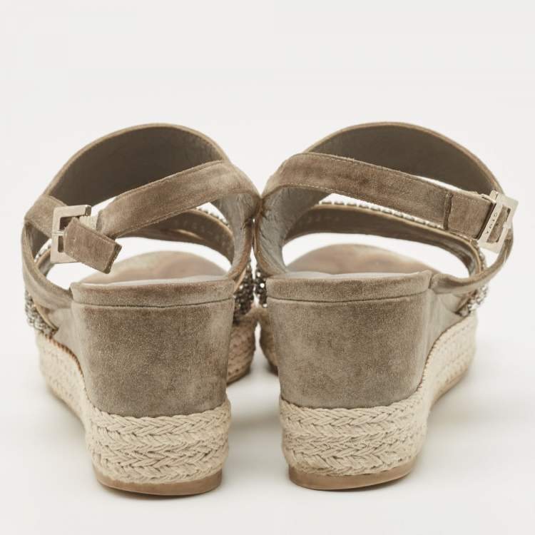 مملوكة مسبقًا Gina Grey Suede Crystal Embellished Open Toe Espadrille Sandals Size 38