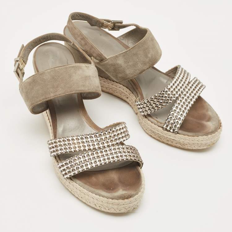 مملوكة مسبقًا Gina Grey Suede Crystal Embellished Open Toe Espadrille Sandals Size 38