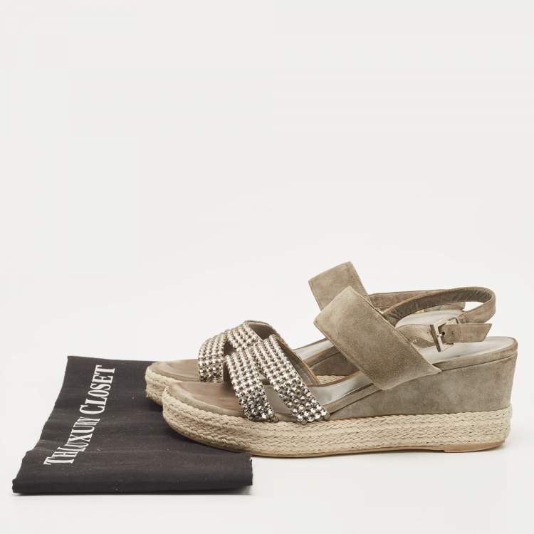 مملوكة مسبقًا Gina Grey Suede Crystal Embellished Open Toe Espadrille Sandals Size 38