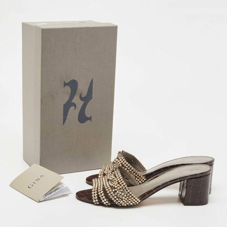 Pre Owned Gina Dark Brown Croc Embossed Patent Leather Crystal Embellished Slide Sandals Size 39.5