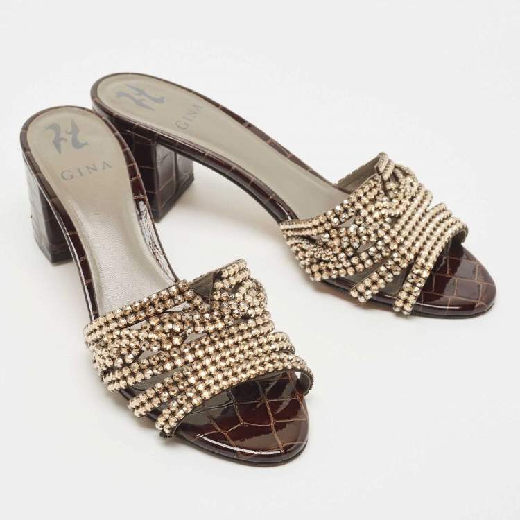 Pre Owned Gina Dark Brown Croc Embossed Patent Leather Crystal Embellished Slide Sandals Size 39.5