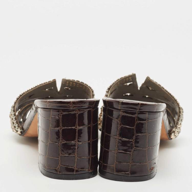 Pre Owned Gina Dark Brown Croc Embossed Patent Leather Crystal Embellished Slide Sandals Size 39.5