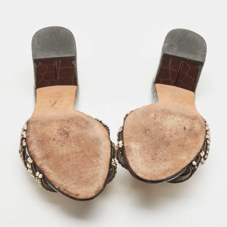 Pre Owned Gina Dark Brown Croc Embossed Patent Leather Crystal Embellished Slide Sandals Size 39.5