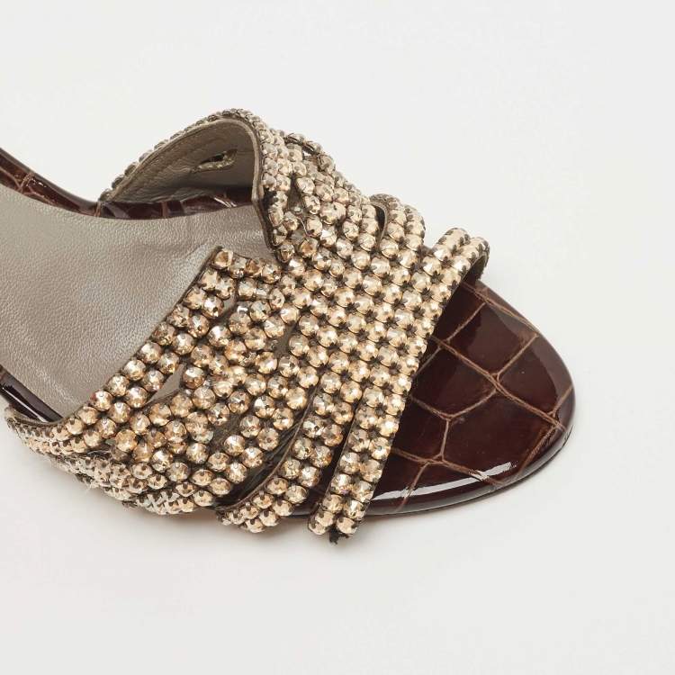 Pre Owned Gina Dark Brown Croc Embossed Patent Leather Crystal Embellished Slide Sandals Size 39.5