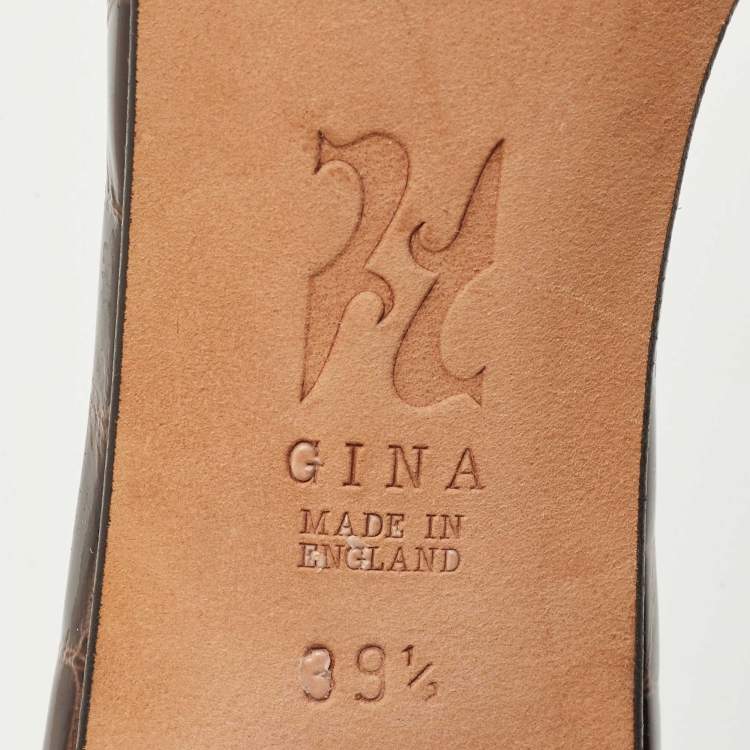 Pre Owned Gina Dark Brown Croc Embossed Patent Leather Crystal Embellished Slide Sandals Size 39.5