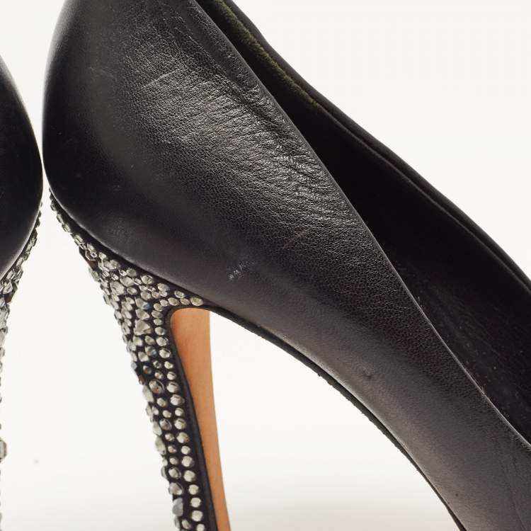 Pre Owned Gina Black Leather Embellished Pumps Size 39.5