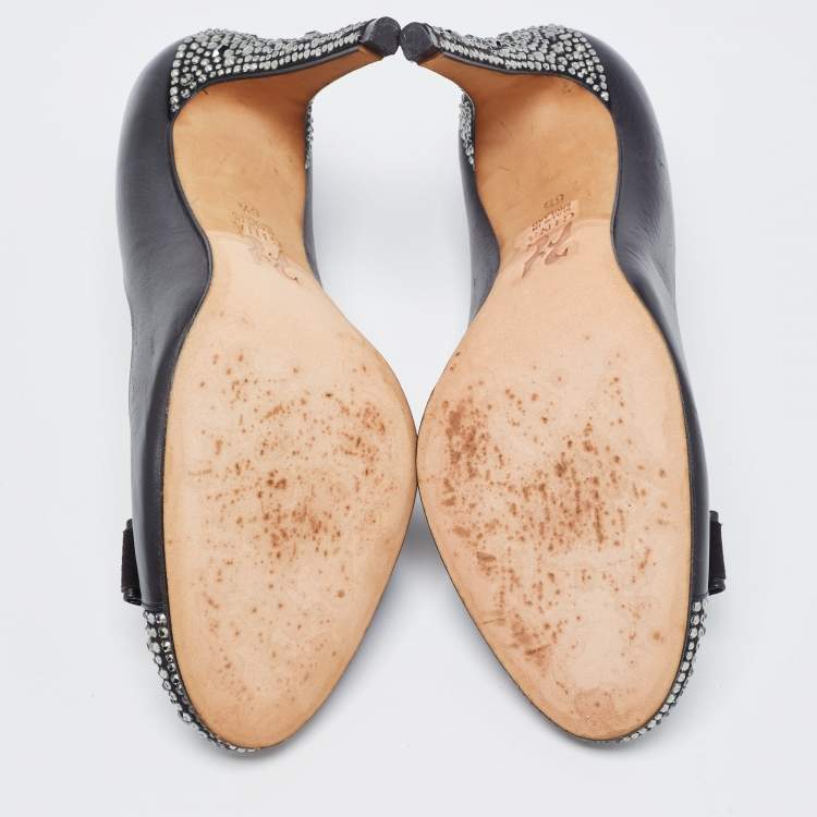 Pre Owned Gina Black Leather Embellished Pumps Size 39.5