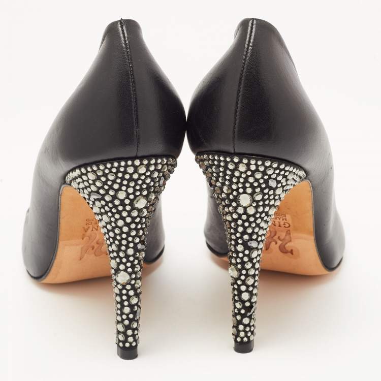 Pre Owned Gina Black Leather Embellished Pumps Size 39.5