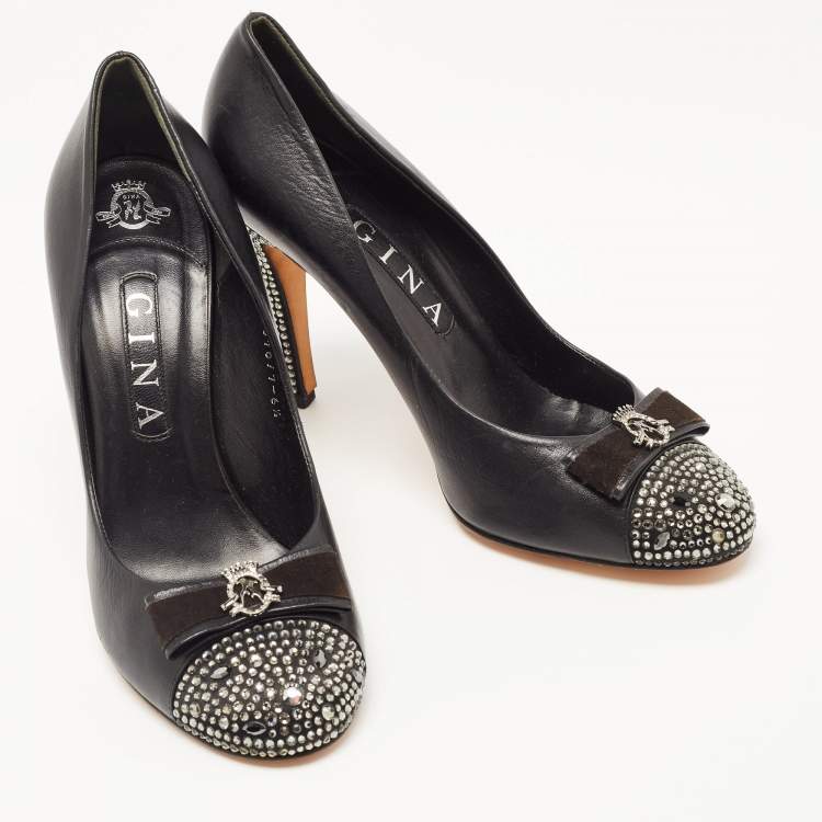 Pre Owned Gina Black Leather Embellished Pumps Size 39.5