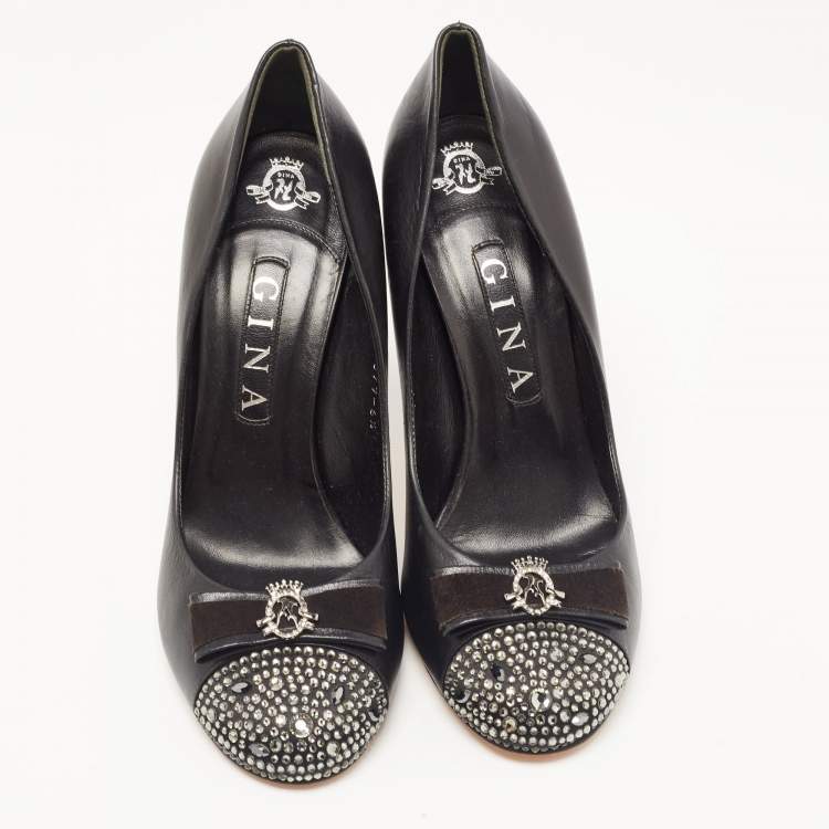 Pre Owned Gina Black Leather Embellished Pumps Size 39.5