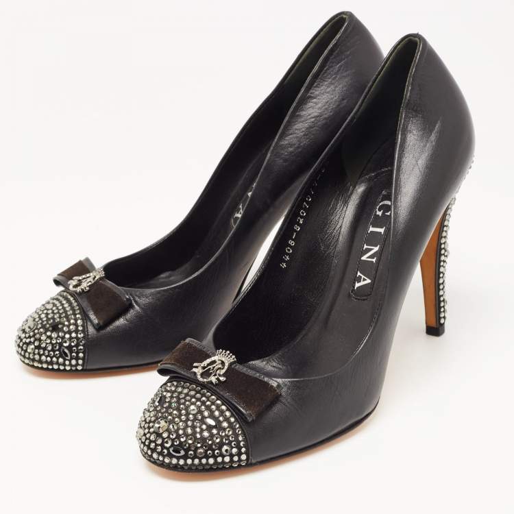 Pre Owned Gina Black Leather Embellished Pumps Size 39.5